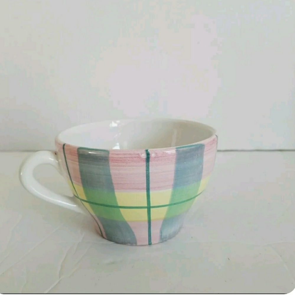Saks Fifth Avenue Plaid Ceramic Coffee Mug Soup Mug ~ Made in Italy